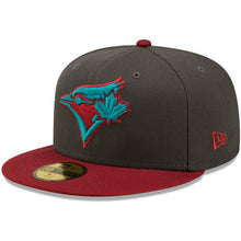 Load image into Gallery viewer, Toronto Blue Jays New Era MLB 59FIFTY 5950 Fitted Cap Hat Dark Gray Crown Cardinal Visor Teal/Cardinal Logo Rodgers Centre Stadium Side Patch
