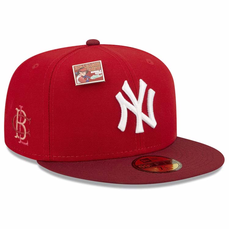 New York Yankees New Era MLB 59FIFTY 5950 Fitted Cap Hat Red Crown Cardinal Visor White Logo Green UV (Big League Chew)