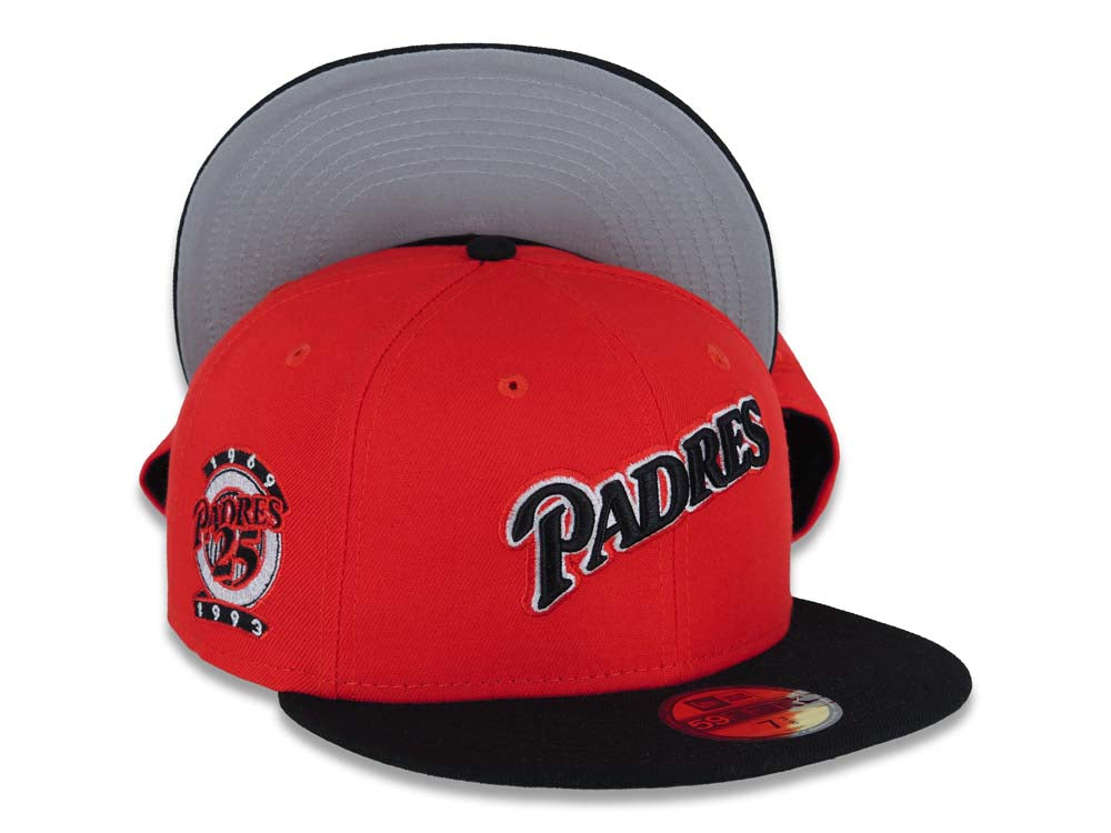 San Diego Padres New Era MLB 59FIFTY 5950 Fitted Cap Hat Red Crown Black Visor Black/White Script Logo 25th Anniversary Side Patch Gray UV