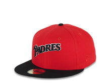 Load image into Gallery viewer, San Diego Padres New Era MLB 59FIFTY 5950 Fitted Cap Hat Red Crown Black Visor Black/White Script Logo 25th Anniversary Side Patch Gray UV
