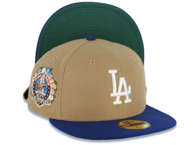 Los Angeles Dodgers New Era MLB 59FIFTY 5950 Fitted Cap Hat Khaki Crown Royal Blue Visor White Logo 60th Anniversary Side Patch Green UV