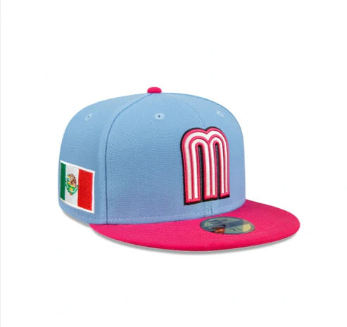 Mexico New Era World Baseball Classic WBC 59FIFTY 5950 Fitted Cap Hat Sky Blue Crown Magenta Visor White/Magenta Logo Gray UV