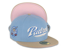 Load image into Gallery viewer, San Diego Padres New Era MLB 59FIFTY 5950 Fitted Cap Hat Sky Blue Crown Khaki Visor White/Metallic Blue Logo 40th Anniversary Side Patch Pink UV
