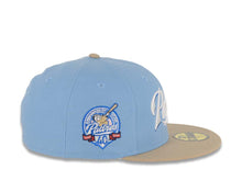 Load image into Gallery viewer, San Diego Padres New Era MLB 59FIFTY 5950 Fitted Cap Hat Sky Blue Crown Khaki Visor White/Metallic Blue Logo 40th Anniversary Side Patch Pink UV
