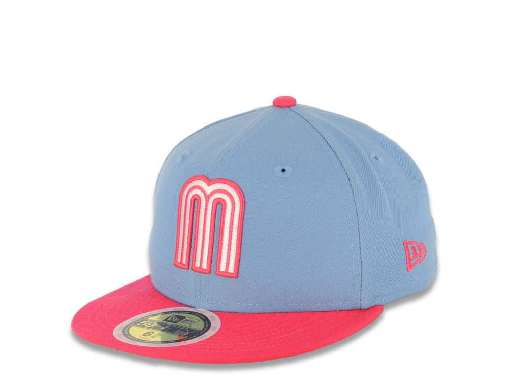 (Youth) Mexico New Era 59FIFTY 5950 Fitted Cap Hat Sky Blue Crown Magenta Visor White/Magenta Logo Mexico Flag Sid Patch Gray UV 6 1/2