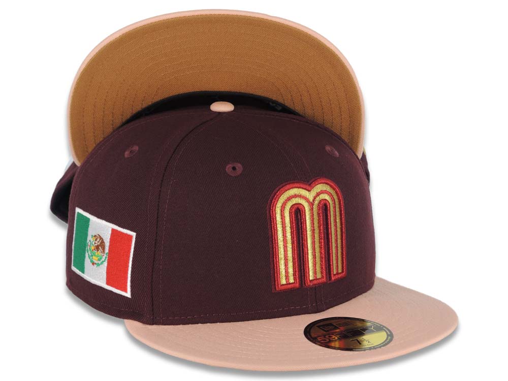 Mexico New Era WBC World Baseball Classic 59FIFTY 5950 Fitted Cap Hat Maroon Crown Light Peach Visor Metallic Gold/Red Logo Mexico Flag