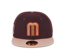 Load image into Gallery viewer, Mexico New Era WBC World Baseball Classic 59FIFTY 5950 Fitted Cap Hat Maroon Crown Light Peach Visor Metallic Gold/Red Logo Mexico Flag
