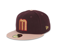 Load image into Gallery viewer, Mexico New Era WBC World Baseball Classic 59FIFTY 5950 Fitted Cap Hat Maroon Crown Light Peach Visor Metallic Gold/Red Logo Mexico Flag
