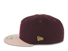 Load image into Gallery viewer, Mexico New Era WBC World Baseball Classic 59FIFTY 5950 Fitted Cap Hat Maroon Crown Light Peach Visor Metallic Gold/Red Logo Mexico Flag
