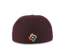 Load image into Gallery viewer, Mexico New Era WBC World Baseball Classic 59FIFTY 5950 Fitted Cap Hat Maroon Crown Light Peach Visor Metallic Gold/Red Logo Mexico Flag
