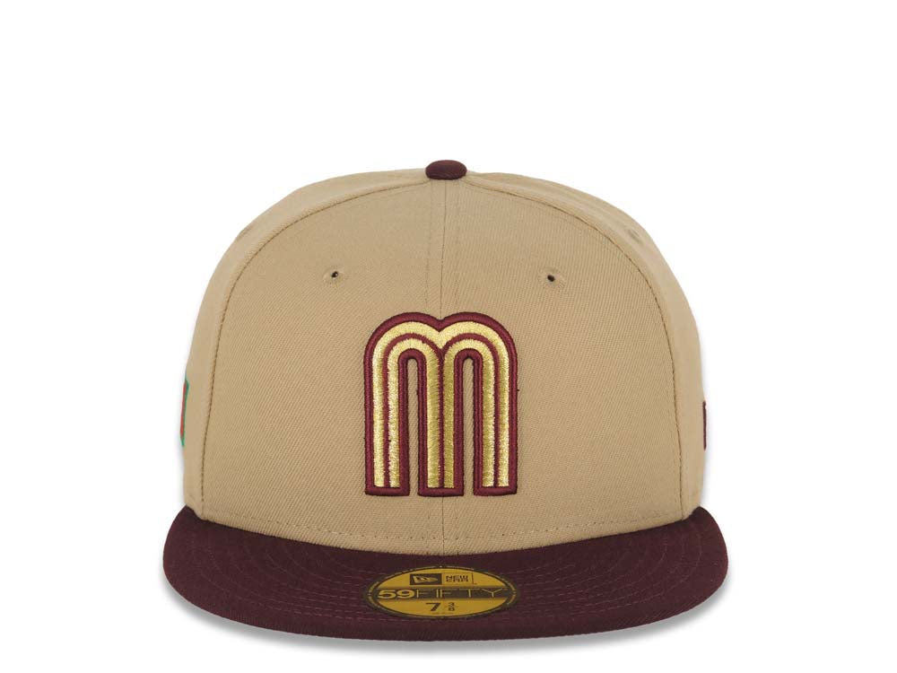 Mexico New Era 59FIFTY 5950 Fitted Cap Hat Khaki Crown Maroon