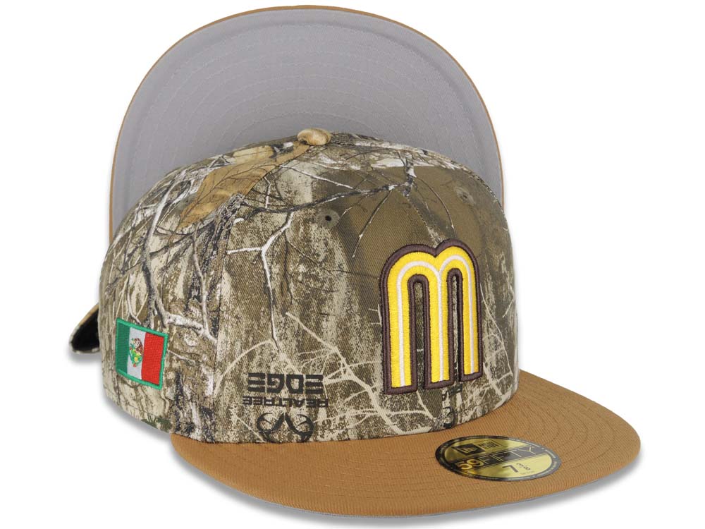 Mexico New Era 59FIFTY 5950 Fitted Cap Hat Real Tree Edge Camo Crown Light Brown Visor Yellow/White/Dark Brown Logo Mexico Flag Side Patch Gray