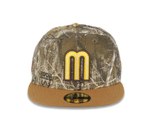 Load image into Gallery viewer, Mexico New Era 59FIFTY 5950 Fitted Cap Hat Real Tree Edge Camo Crown Light Brown Visor Yellow/White/Dark Brown Logo Mexico Flag Side Patch Gray
