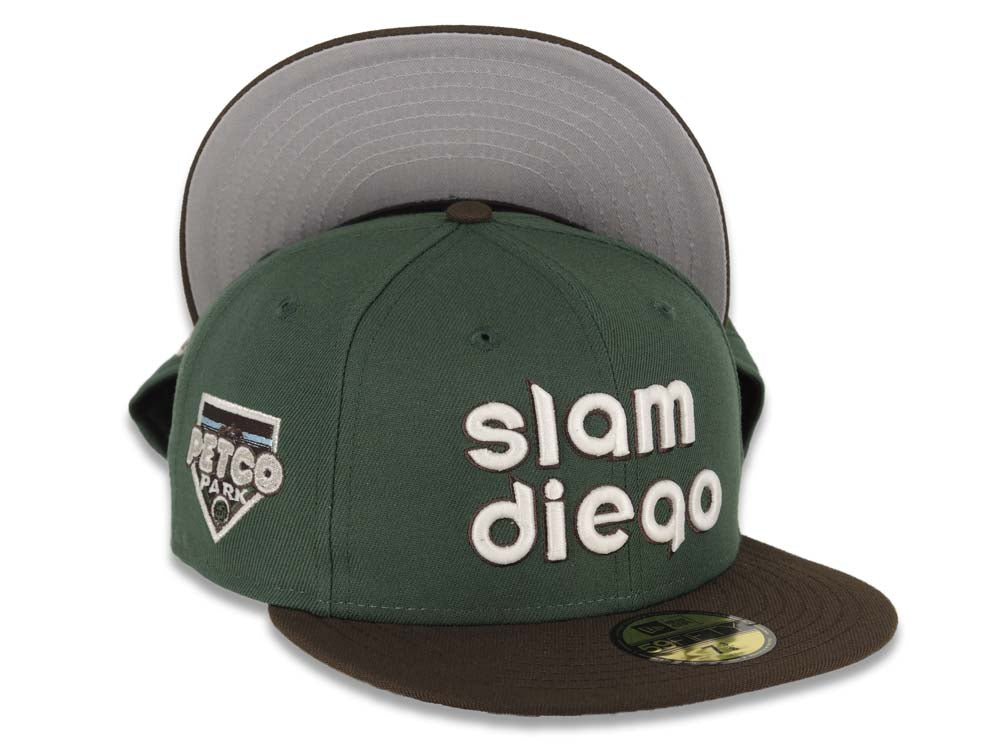 San Diego Padres New Era MLB 59FIFTY 5950 Fitted Cap Hat Green Crown Brown Visor Cream/Brown Script Logo Petco Park Side Patch Gray UV