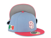 Load image into Gallery viewer, (Youth) San Diego Padres New Era MLB 59FIFTY 5950 Fitted Cap Hat Sky Blue Crown Magenta Visor White/Magenta Logo Mexico Flag Side Patch Gray UV
