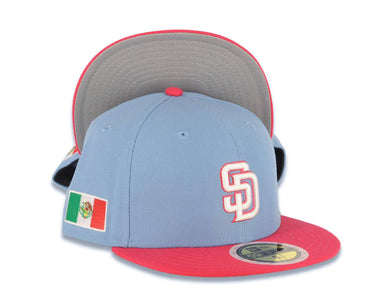 (City Connect Colors) San Diego Padres New Era MLB 59FIFTY 5950 Fitted Cap Hat Light Teal Crown/Visor Magenta/Yellow Script Logo Stadium Side Patch 7