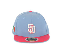 Load image into Gallery viewer, (Youth) San Diego Padres New Era MLB 59FIFTY 5950 Fitted Cap Hat Sky Blue Crown Magenta Visor White/Magenta Logo Mexico Flag Side Patch Gray UV
