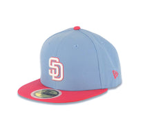 Load image into Gallery viewer, (Youth) San Diego Padres New Era MLB 59FIFTY 5950 Fitted Cap Hat Sky Blue Crown Magenta Visor White/Magenta Logo Mexico Flag Side Patch Gray UV
