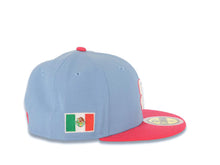 Load image into Gallery viewer, (Youth) San Diego Padres New Era MLB 59FIFTY 5950 Fitted Cap Hat Sky Blue Crown Magenta Visor White/Magenta Logo Mexico Flag Side Patch Gray UV
