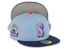 Load image into Gallery viewer, Seattle Mariners New Era MLB 59FIFTY 5950 Fitted Cap Hat Sky Blue Crown Light Navy Visor Lilght Purple/White Logo 30th Anniversary Side Patch Gray UV
