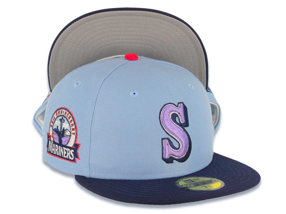 Seattle Mariners New Era MLB 59FIFTY 5950 Fitted Cap Hat Sky Blue Crown Light Navy Visor Lilght Purple/White Logo 30th Anniversary Side Patch Gray UV