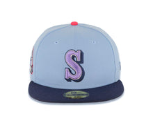 Load image into Gallery viewer, Seattle Mariners New Era MLB 59FIFTY 5950 Fitted Cap Hat Sky Blue Crown Light Navy Visor Lilght Purple/White Logo 30th Anniversary Side Patch Gray UV
