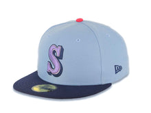 Load image into Gallery viewer, Seattle Mariners New Era MLB 59FIFTY 5950 Fitted Cap Hat Sky Blue Crown Light Navy Visor Lilght Purple/White Logo 30th Anniversary Side Patch Gray UV
