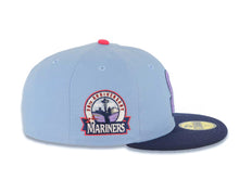 Load image into Gallery viewer, Seattle Mariners New Era MLB 59FIFTY 5950 Fitted Cap Hat Sky Blue Crown Light Navy Visor Lilght Purple/White Logo 30th Anniversary Side Patch Gray UV
