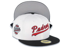 Load image into Gallery viewer, San Diego Padres New Era MLB 59FIFTY 5950 Fitted Cap Hat White Crown Black Visor Metallic Red/Metallic Black Script Logo 30th Anniversary Side Patch
