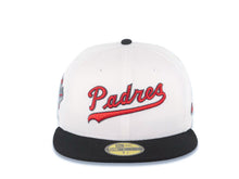 Load image into Gallery viewer, San Diego Padres New Era MLB 59FIFTY 5950 Fitted Cap Hat White Crown Black Visor Metallic Red/Metallic Black Script Logo 30th Anniversary Side Patch
