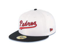 Load image into Gallery viewer, San Diego Padres New Era MLB 59FIFTY 5950 Fitted Cap Hat White Crown Black Visor Metallic Red/Metallic Black Script Logo 30th Anniversary Side Patch
