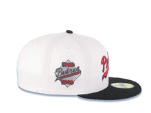 Load image into Gallery viewer, San Diego Padres New Era MLB 59FIFTY 5950 Fitted Cap Hat White Crown Black Visor Metallic Red/Metallic Black Script Logo 30th Anniversary Side Patch
