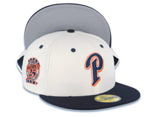 Load image into Gallery viewer, San Diego Padres New Era MLB 59FIFTY 5950 Fitted Cap Hat Cream Crown Navy Blue Visor Navy Blue/Orange Logo 25th Anniversary Side Patch Gray UV

