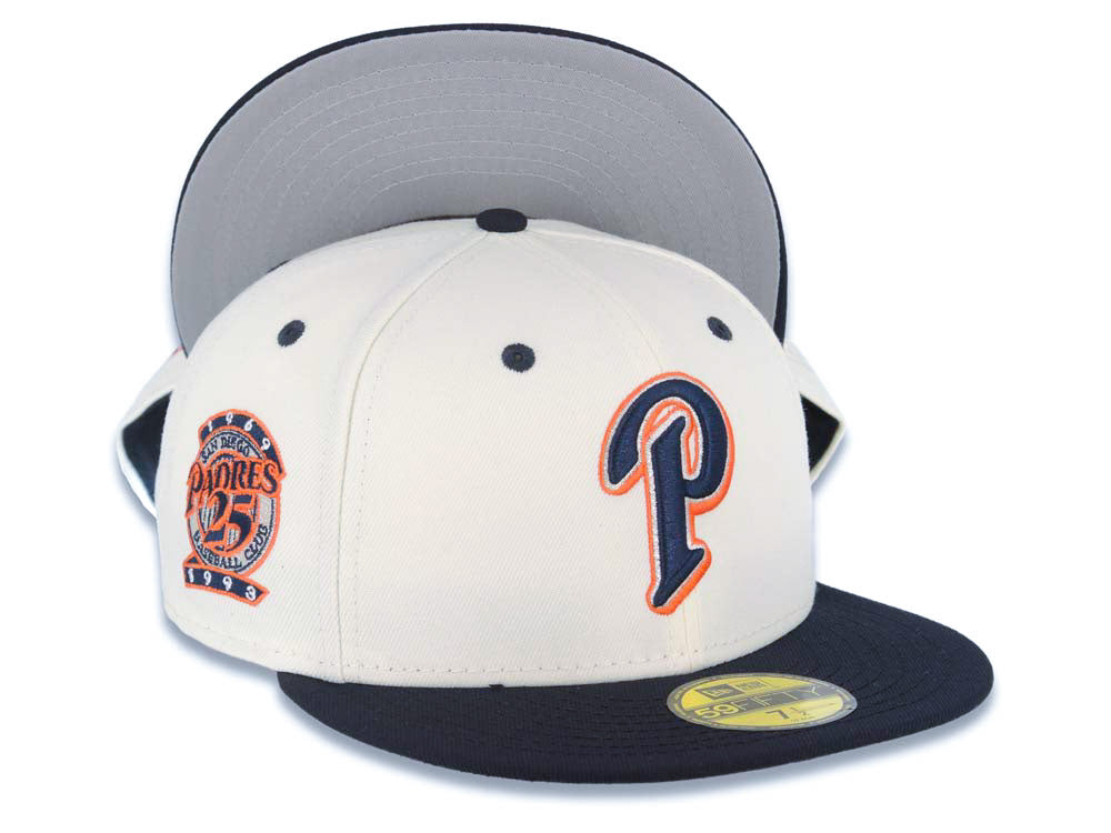 San Diego Padres New Era MLB 59FIFTY 5950 Fitted Cap Hat Cream Crown Navy Blue Visor Navy Blue/Orange Logo 25th Anniversary Side Patch Gray UV