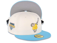 Load image into Gallery viewer, San Diego Padres New Era MLB 59FIFTY 5950 Fitted Cap Hat Cream Crown Blue Visor Yellow/Metallic Silver Swinging Friar Logo Petco Park Side Patch
