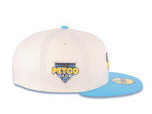 Load image into Gallery viewer, San Diego Padres New Era MLB 59FIFTY 5950 Fitted Cap Hat Cream Crown Blue Visor Yellow/Metallic Silver Swinging Friar Logo Petco Park Side Patch
