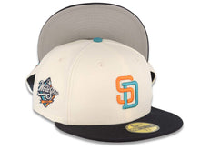 Load image into Gallery viewer, San Diego Padres New Era MLB 59FIFTY 5950 Fitted Cap Hat Cream Crown Navy Blue Visor Light Orange/Aqua Logo 1998 World Series Side Patch Gray UV
