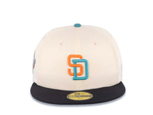 Load image into Gallery viewer, San Diego Padres New Era MLB 59FIFTY 5950 Fitted Cap Hat Cream Crown Navy Blue Visor Light Orange/Aqua Logo 1998 World Series Side Patch Gray UV
