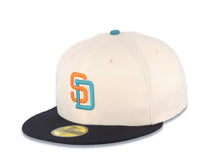 Load image into Gallery viewer, San Diego Padres New Era MLB 59FIFTY 5950 Fitted Cap Hat Cream Crown Navy Blue Visor Light Orange/Aqua Logo 1998 World Series Side Patch Gray UV
