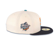 Load image into Gallery viewer, San Diego Padres New Era MLB 59FIFTY 5950 Fitted Cap Hat Cream Crown Navy Blue Visor Light Orange/Aqua Logo 1998 World Series Side Patch Gray UV
