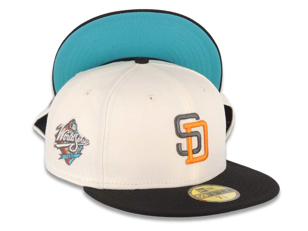 San Diego Padres New Era MLB 59FIFTY 5950 Fitted Cap Hat Cream Crown Black Visor Metallic Black/Dark Orange Logo 1998 World Series Side Patch Teal UV