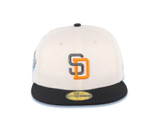 Load image into Gallery viewer, San Diego Padres New Era MLB 59FIFTY 5950 Fitted Cap Hat Cream Crown Black Visor Metallic Black/Dark Orange Logo 1998 World Series Side Patch Teal UV
