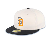 Load image into Gallery viewer, San Diego Padres New Era MLB 59FIFTY 5950 Fitted Cap Hat Cream Crown Black Visor Metallic Black/Dark Orange Logo 1998 World Series Side Patch Teal UV
