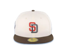 Load image into Gallery viewer, San Diego Padres New Era MLB 59FIFTY 5950 Fitted Cap Hat Cream Crown Brown Visor Metallic Red/Black Logo 1998 World Series Side Patch Green UV
