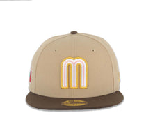 Load image into Gallery viewer, Mexico New Era 59FIFTY 5950 Fitted Cap Hat Khaki Crown Brown Visor Pink/Cream/Metallic Gold Logo Mexico Flag Side Patch Gray UV
