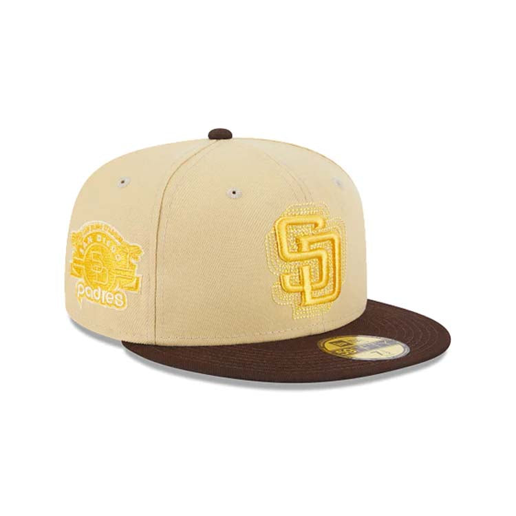 San Diego Padres New Era MLB 59FIFTY 5950 Fitted Cap Hat Vegas Gold Crown Brown Visor Yellow Logo Stadium Side Patch (Illusion)