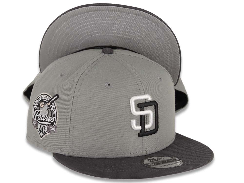 San Diego Padres New Era MLB 9FIFTY 950 Snapback Cap Hat Gray Crown Dark Gray Visor White/Black Logo 40th Anniversary Side Patch Gray UV