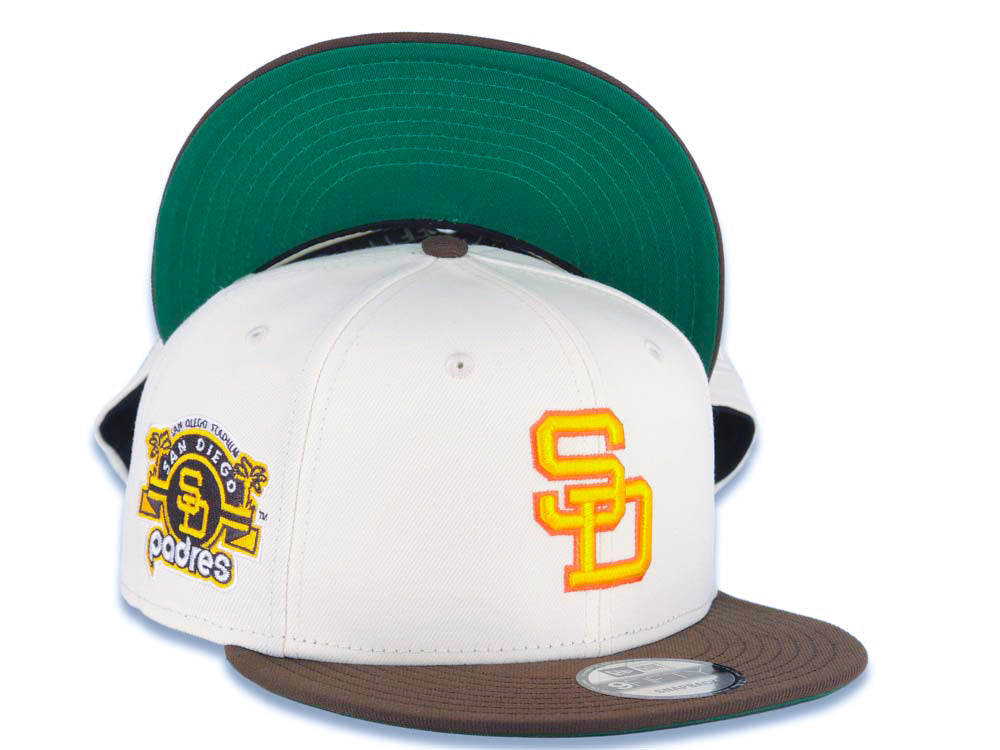San Diego Padres New Era MLB 9FIFTY 950 Snapback Cap Hat Cream Crown Brown Visor Yellow/Orange Logo Stadium Side Patch Green UV