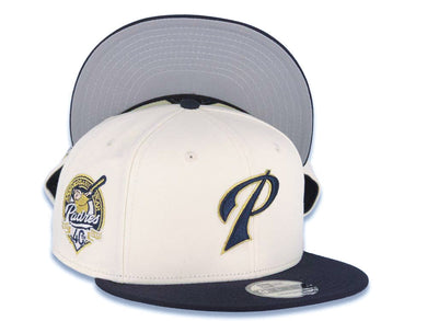 San Diego Padres New Era MLB 9FIFTY 950 Snapback Cap Hat Cream Crown Navy Blue Visor Navy Blue/Metallic Gold Script P Logo 40th Anniversary Side Patch