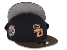 Load image into Gallery viewer, San Diego Padres New Era MLB 9FIFTY 950 Snapback Cap Hat Navy Blue Crown Brown Visor Brown/Orange Logo 40th Anniversary Side Patch Gray UV
